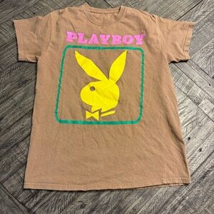 Playboy Bunny Shirt Graphic Tee‎ Classic Logo Short Sleeve Cotton Brown Medium